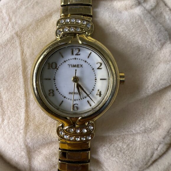 Timex Ladies' Indiglo Gold Tone + Crystals Watch w/ Stretch Band, 27mm - Picture 2 of 5